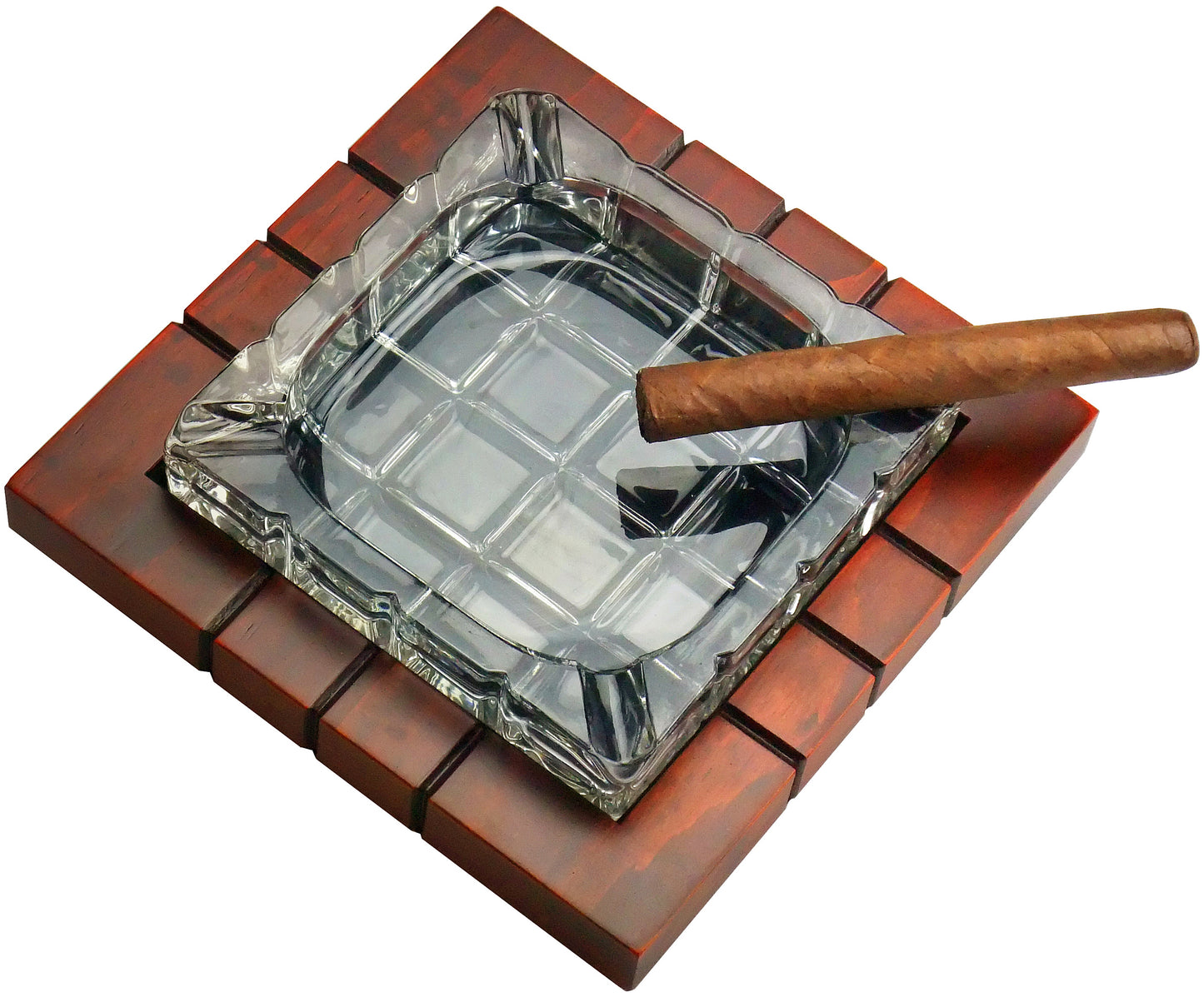 Wood & Crystal Cross-Hatched Ashtray.