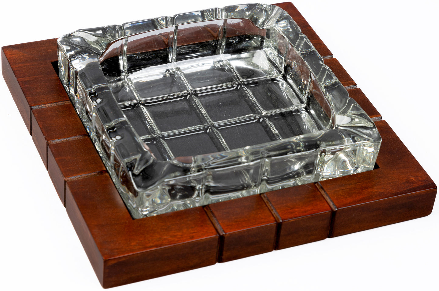 Wood & Crystal Cross-Hatched Ashtray.