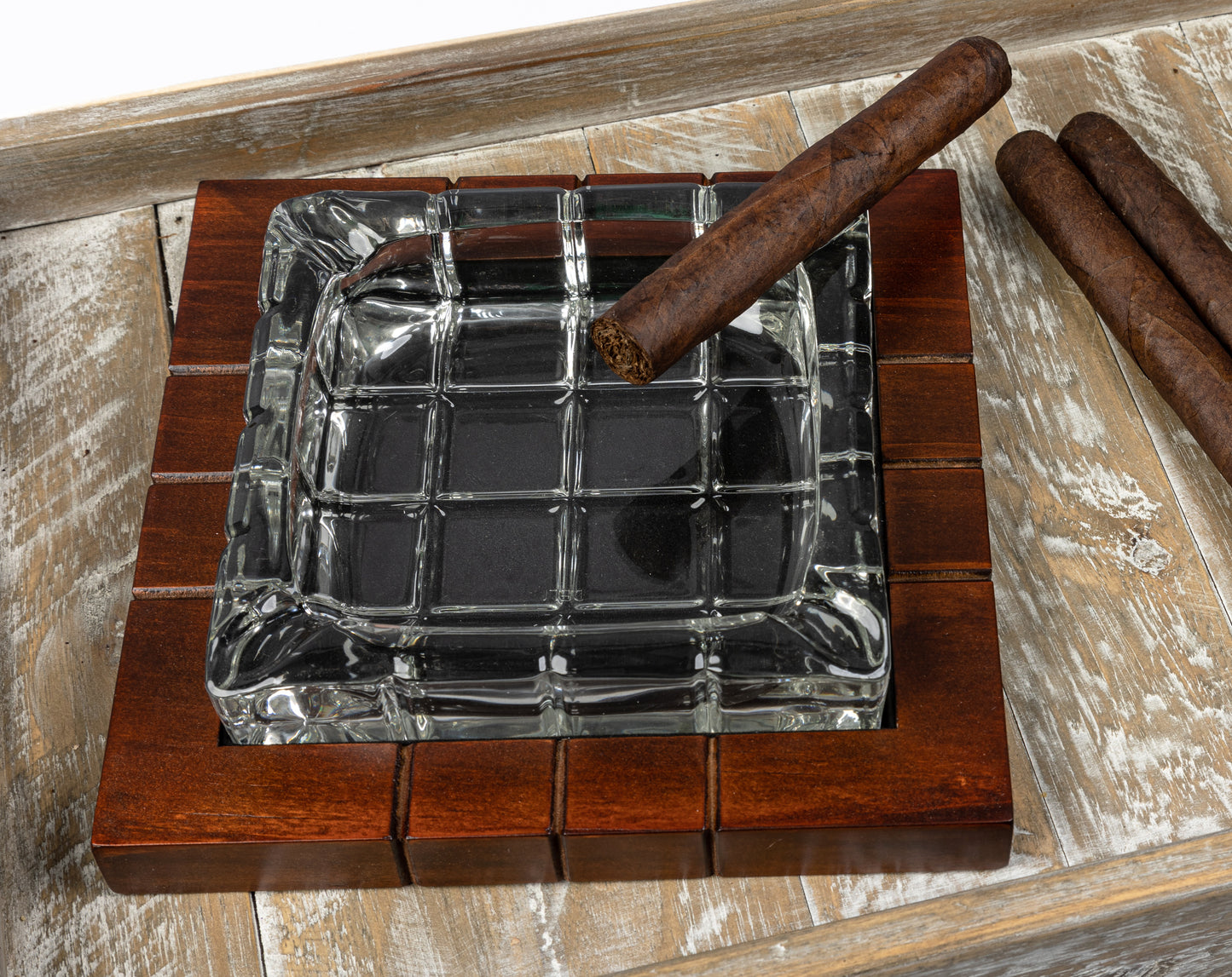 Wood & Crystal Cross-Hatched Ashtray.