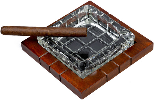 Wood & Crystal Cross-Hatched Ashtray.