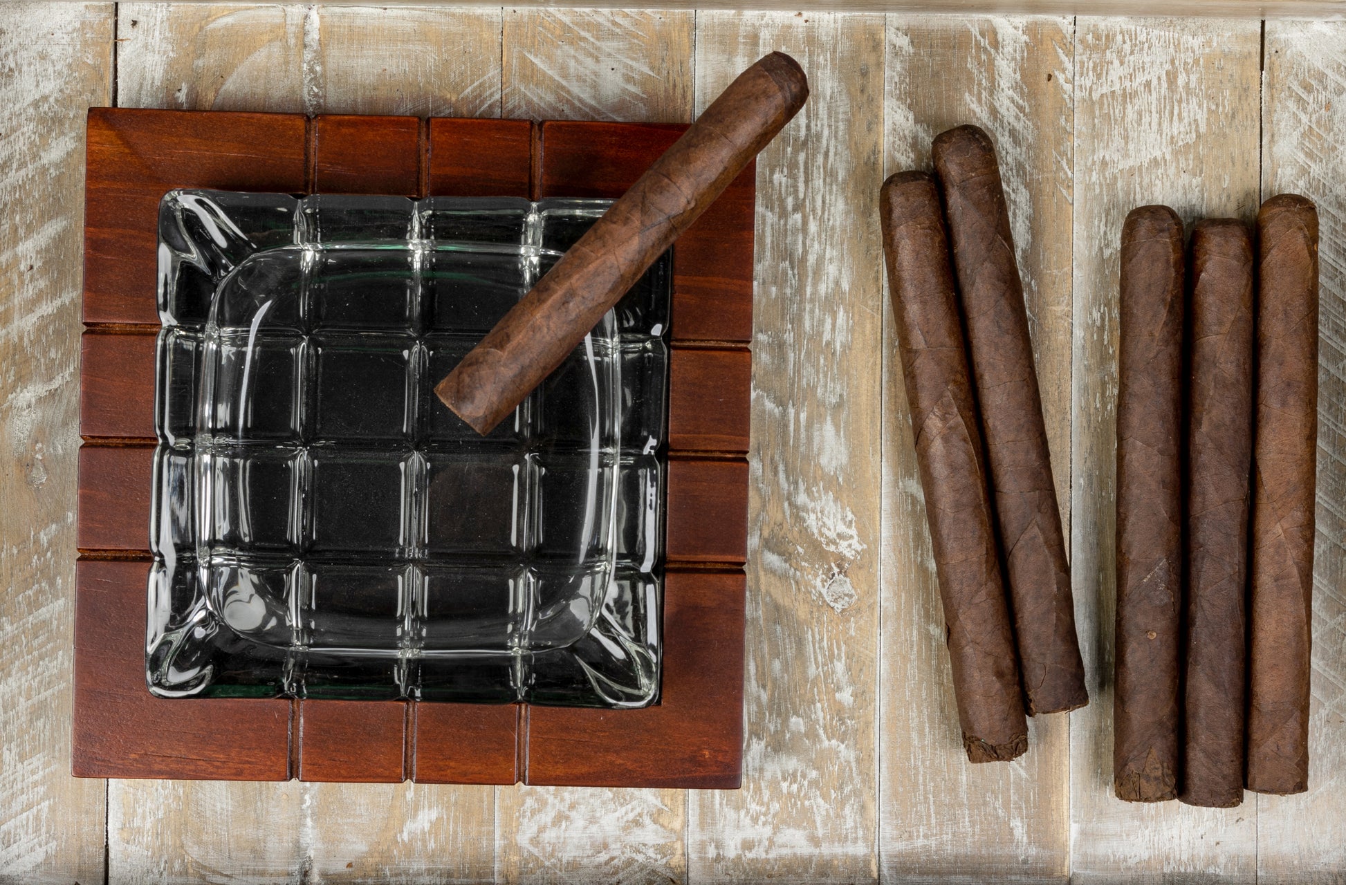 Wood & Crystal Cross-Hatched Ashtray.