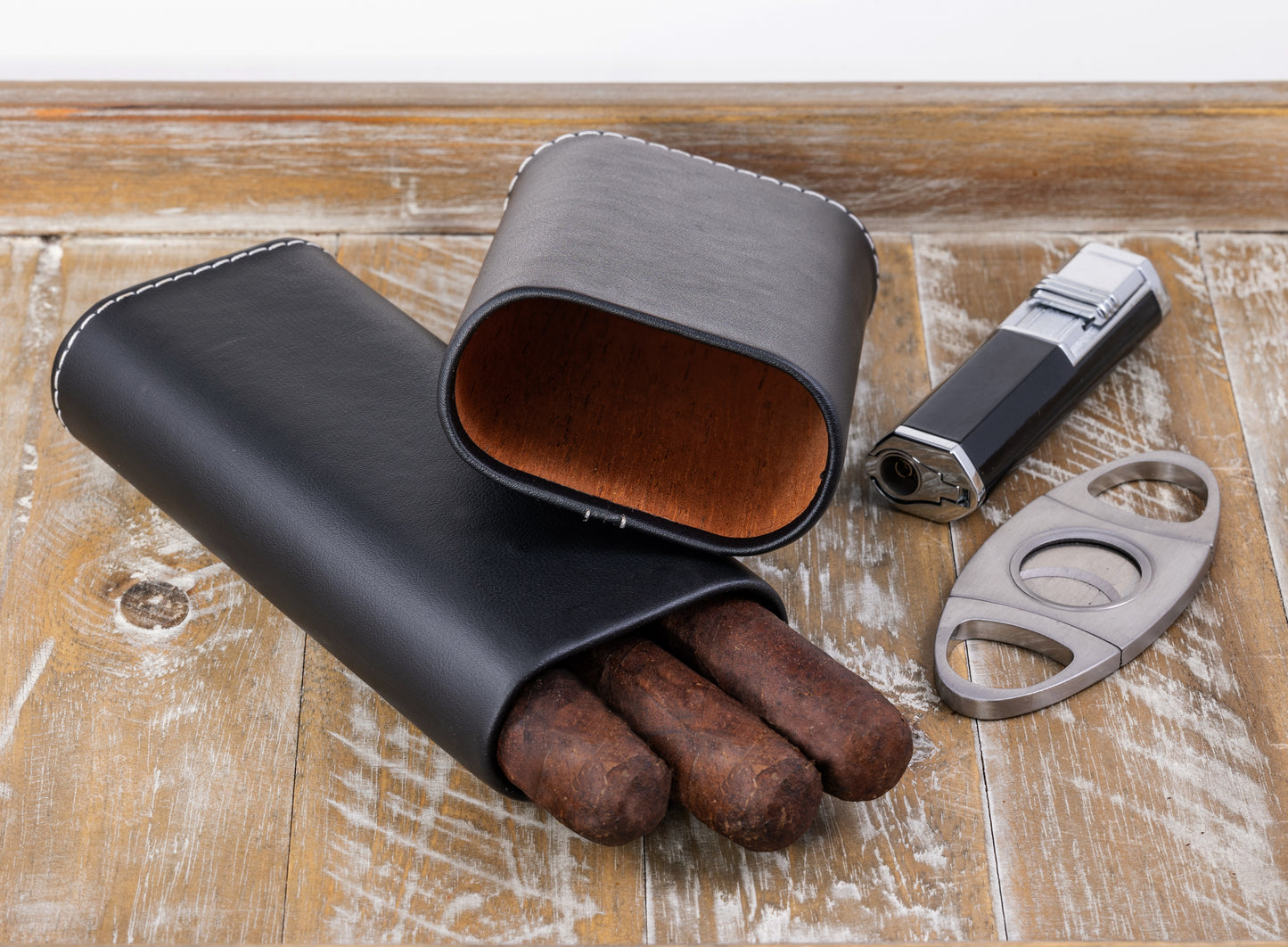 Leather Cigar Case W/ White Accent Stitching.